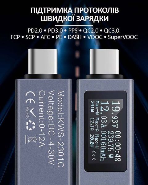Многофункциональный USB тестер KOWSI KWS-2301C Type-C / 4-30V / 12A 11680 фото